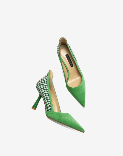 Green Stiletto high heels for women feature a classic houndstooth pattern- Polina
