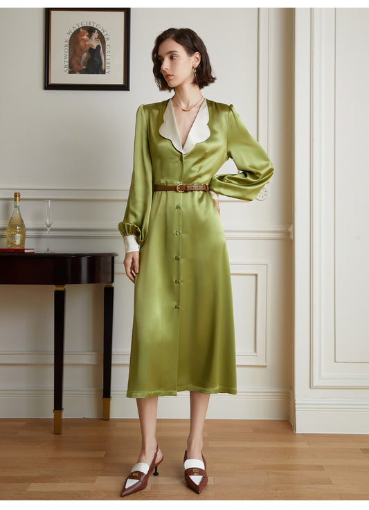 V-neck dress from the 2023 Spring collection lantern sleeves and a single-breasted- Tola
