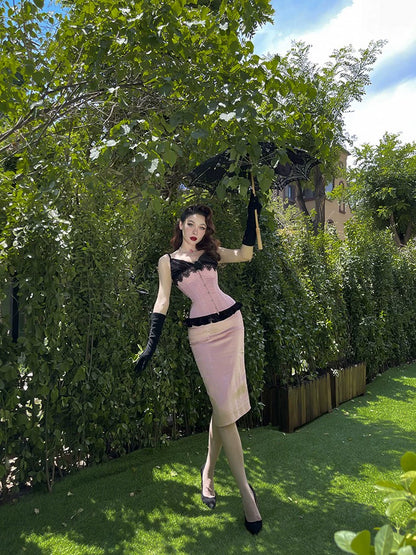 Le Palais Vintage Elegant Pink Brocade High-Waist Hip Pencil Skirt-Selene