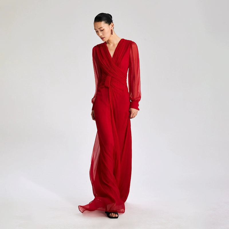 LEDIM W V-Neck French Premium Long Sleeve maxi evening dress - Kinka
