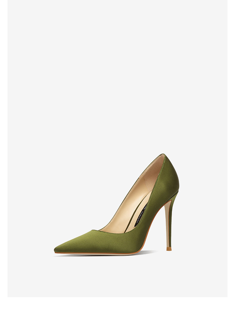 Autumn and winter new green silk pointed stiletto high-heeled shoes- Sonho