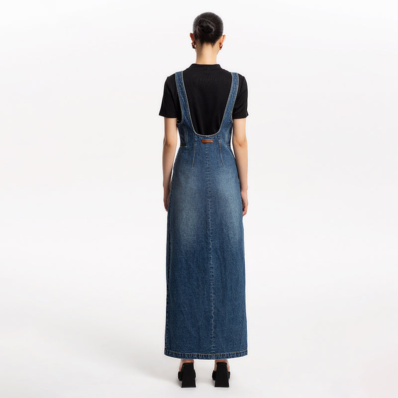 LEDI W High waist fine wash split denim strap skirt dress - Uoma