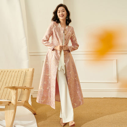 Luxury nude pink gold jacquard embroidery rose long exquisite coat- Nia