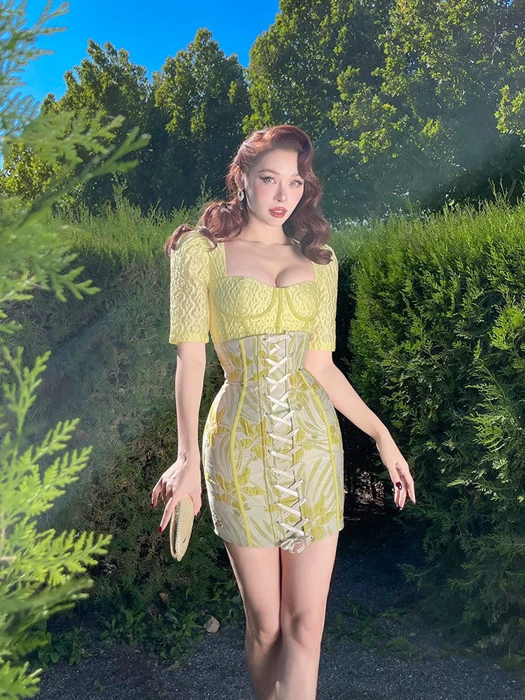 Le Palais Vintage Elegant Lemon Yellow Bodice Puff Sleeve Dinner Top-Maya.