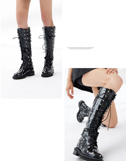 B-FEI niche stars diamonds lace adjustable head layer patent leather biker boots - libra