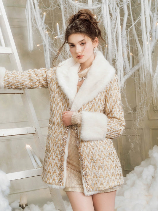 Wardrobes By Chen Elegant Gold Long Sleeve Medium Fur Jacket-Medis