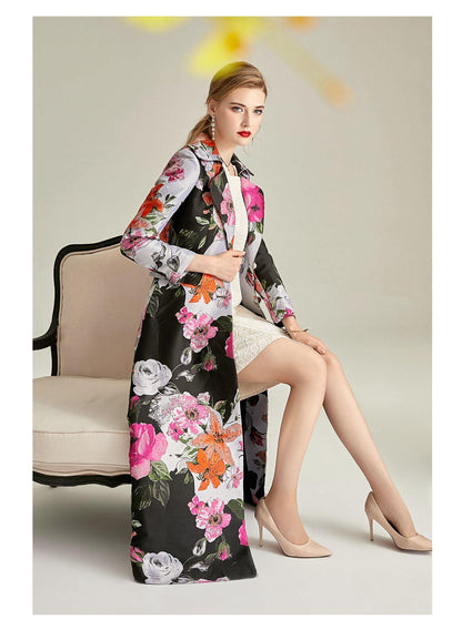 Jacquard spring and autumn coat lapel flower Long coat dress - Chloe