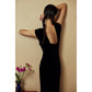 Retro dress original black waist slit silk velvet dress skirt- Rela