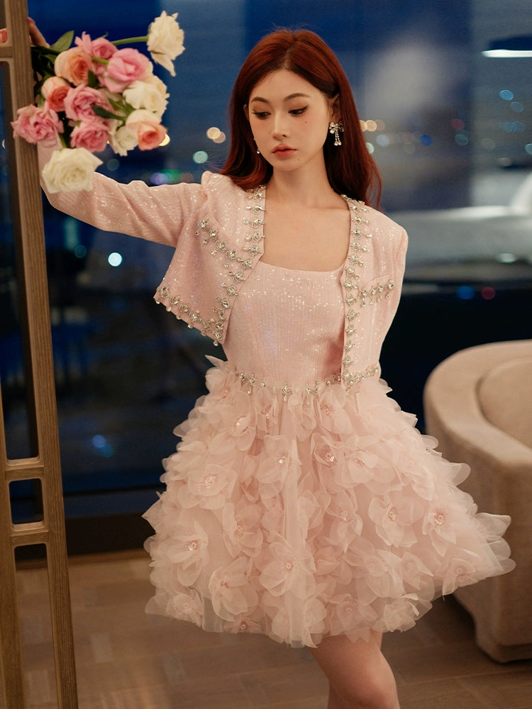 Wardrobes by Chen Elegant Pink Long Sleeve Short Jacket/Ruffle bridal Dress-Maggy