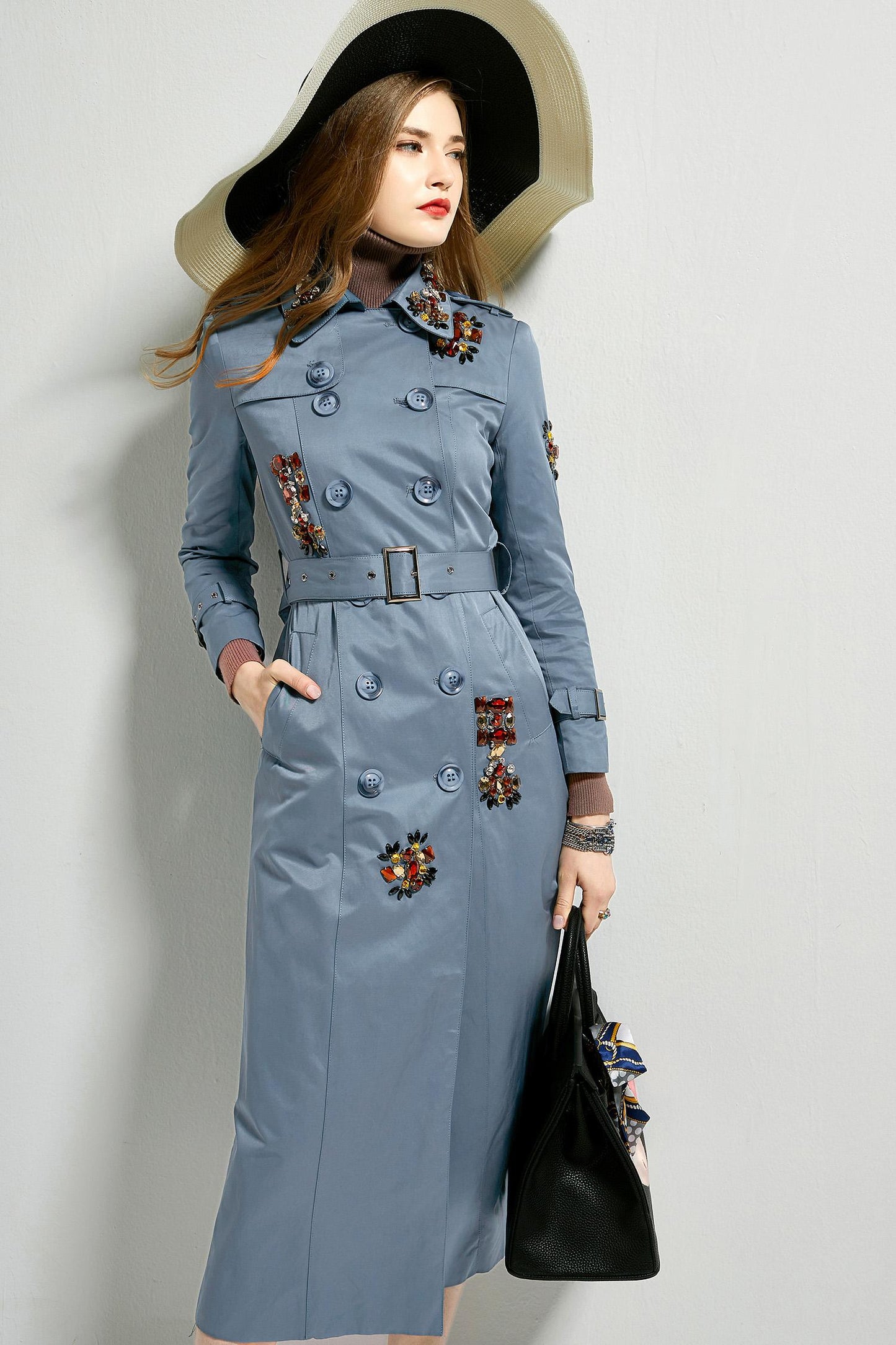 Classic autumn winter luxury limited edition handmade beaded long trench coat - Siaha Blue