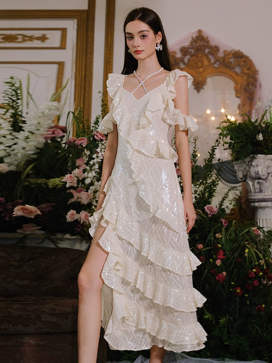 Wardrobes by Chen Luxury Off White French Ruffle sequin holiday Dress-Nana