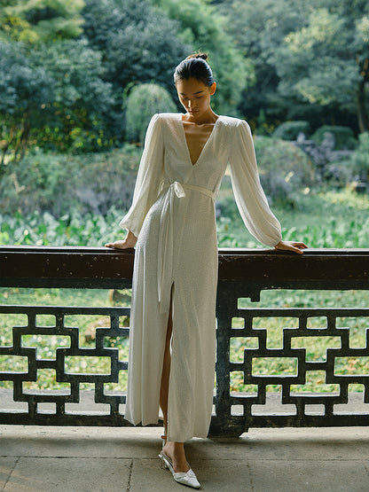 White sequin elegant deep v-neck and long sleeve puff sleeves slit dress- Steff