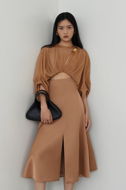 Designer Round neck pleated drape hollow short classy top blouse Skirt suit set - Harmony