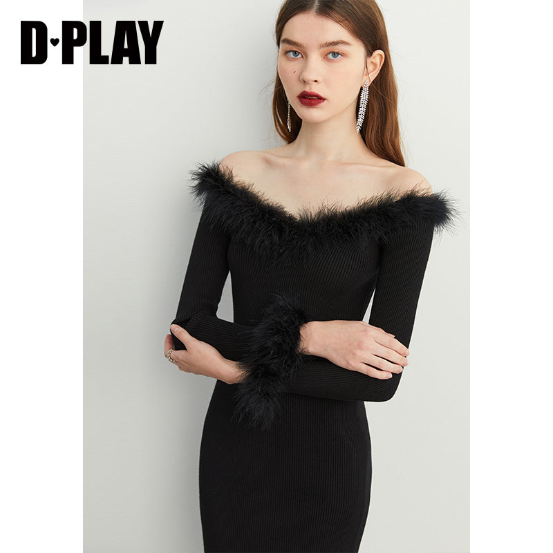 Fall autumn sexy off-shoulder classic black feather top dress - Iwa