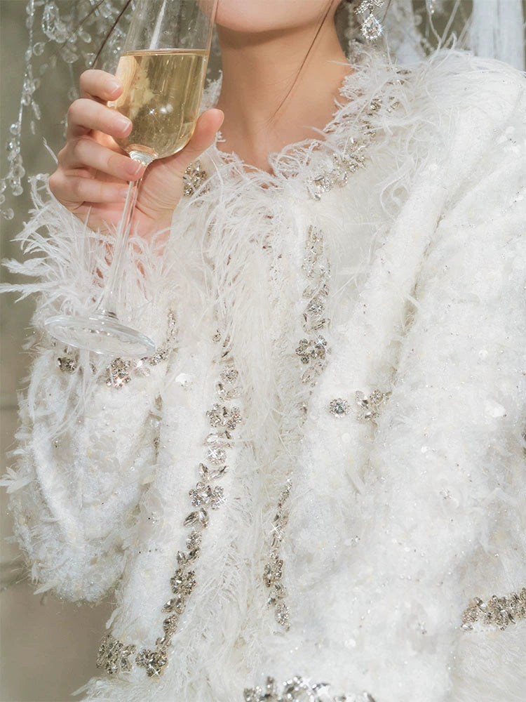 Wardrobes By Chen Elegant White Feather Short Jacket Short Skirt-Serene