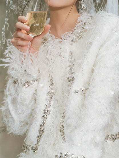 Wardrobes By Chen Elegant White Feather Short Jacket Short Skirt-Serene