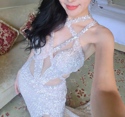 Silver Sequins sexy split open back slim long  elegant bridesmaid dress- Lola