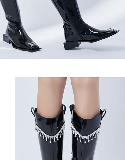 B-FEI niche design cow patent leather diamond buckle flat high boots- Lai