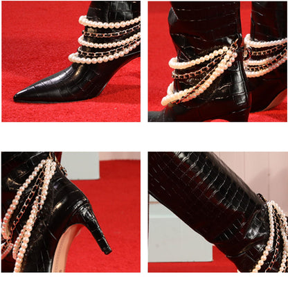 FEIFEI original design pearl chain boots straight high tube pointed high heels winter boot- Diona