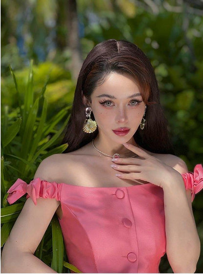 Elegant retro pink  off-the-shoulder bow top- Delia
