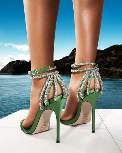 Green Open-toe stiletto sandals rhinestones high heel stiletto sandals - Sima
