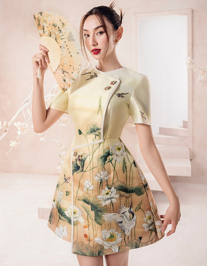 Short sleeved symmetric A-line skirt, printed patterns dress- Boli