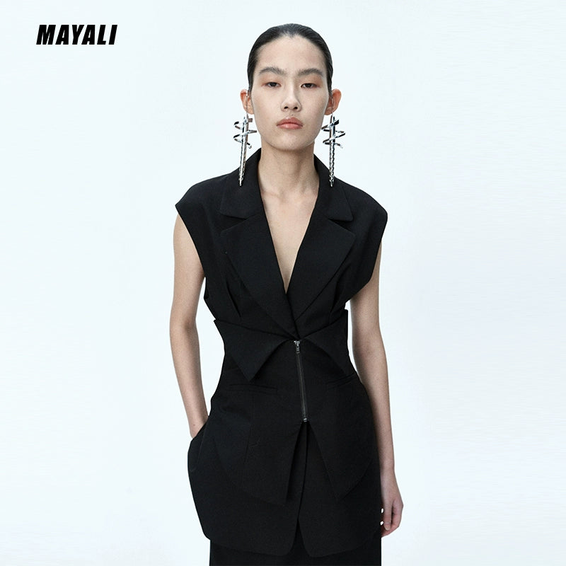 MAYALI Fall/Winter V-neck Slim Waist Sleeveless Blazer - Luryi