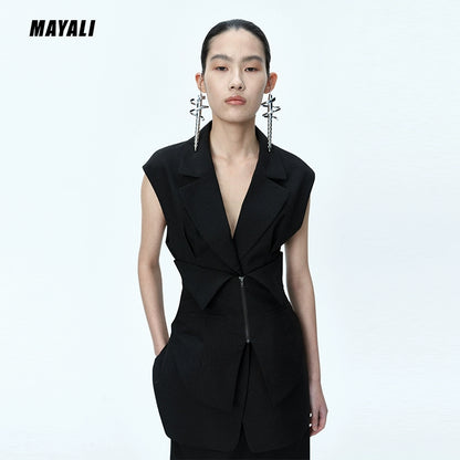 MAYALI Fall/Winter V-neck Slim Waist Sleeveless Blazer - Luryi