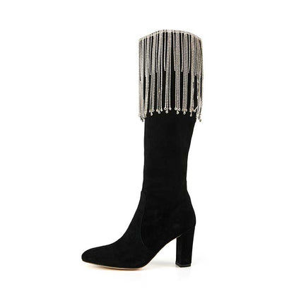 B-FEI original design 2021 new tassel rhinestone chain boots thick heel boots genuine leather- Palona