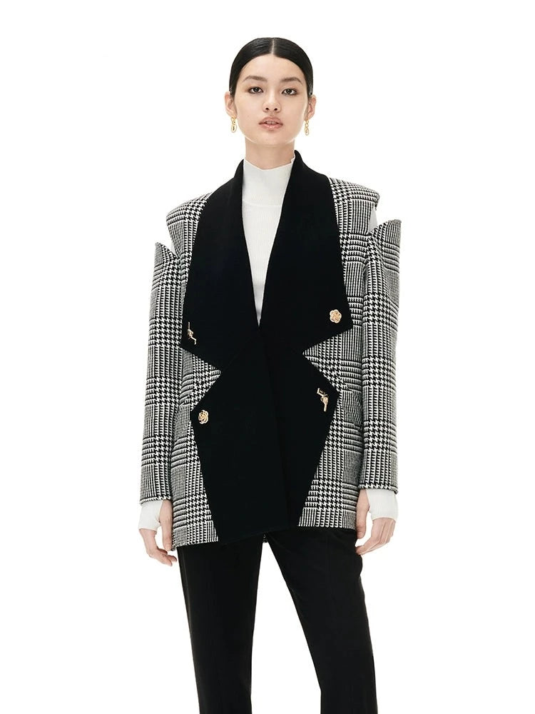YES BY YESIR Elegant large lapel autumn winter French royal houndstooth off-the-shoulder cut out coat jacket - Cantii