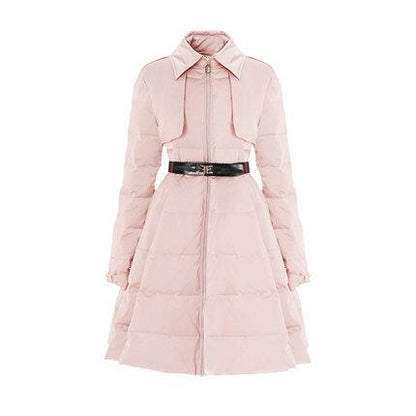Long Muted nude pink Down coat winter beige nude waist and big swing design pleated coat -Jara