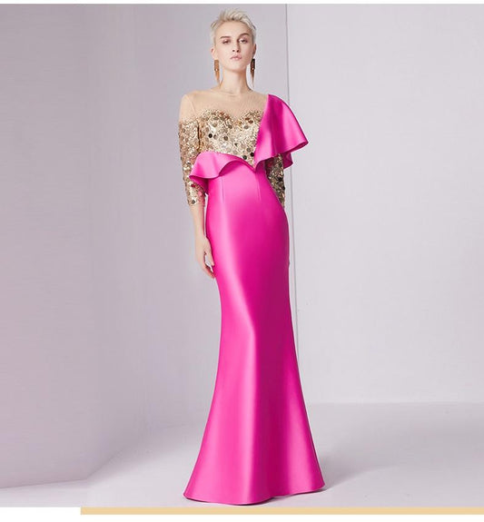 Creative candy pink wedding dress banquet host evening long maxi sequin mother of the bride dress-Lira
