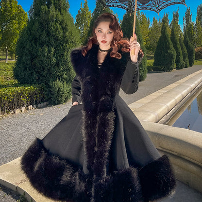 le palais vintage heavy luxury fur woolen big skirt black coat - Deks