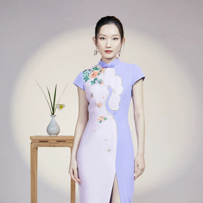 Magic Q  purple style stand collar printing embroidery front slit cheongsam dress - Mina