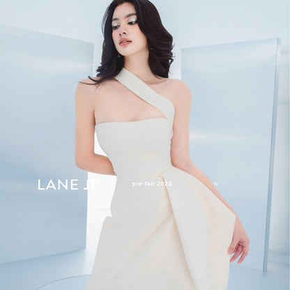 Autumn new slanted shoulder waist ruffled milky white dress- Eliana