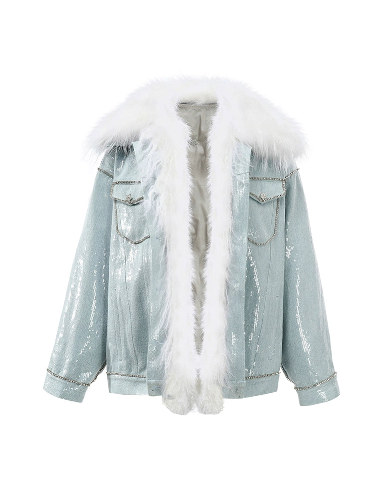 Wardrobes By Chen Luxury Blue Long Sleeve Straight Fur Jacket/Tube Dress-Dee