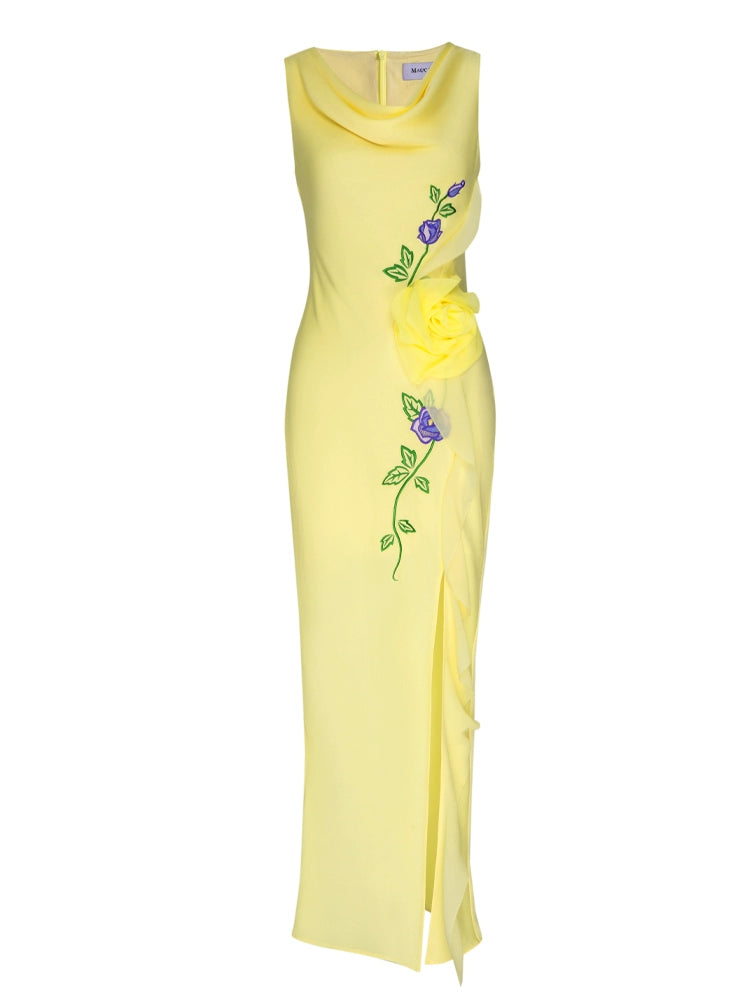 Magic Q yellow swing collar rose embroidery three-dimensional peony flower dress - Dream