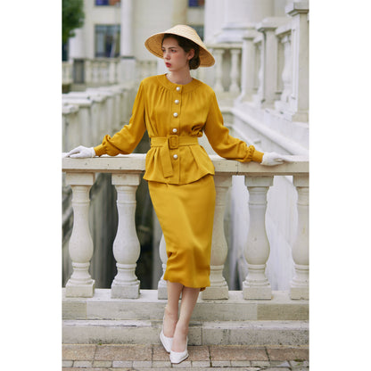 French retro vintage custom turmeric folds loose and thin suit skirt- Yanfei
