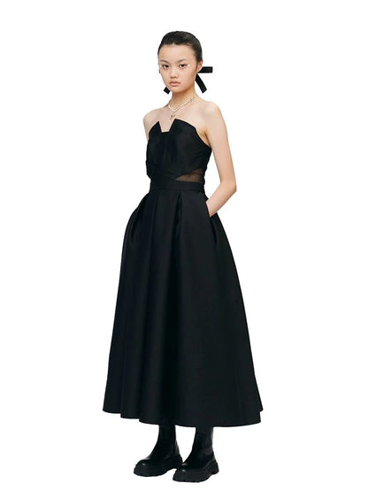 YES BY YESIR luxury cut-out long full skirt French mid-length bandeau strapless formal black dress - Brida