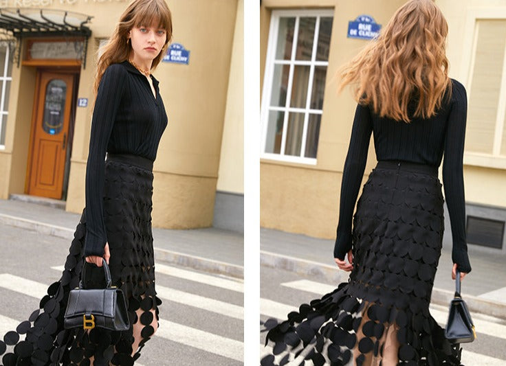 Grape hollow black skirt features a slim high waist and elegant tassels- Karol