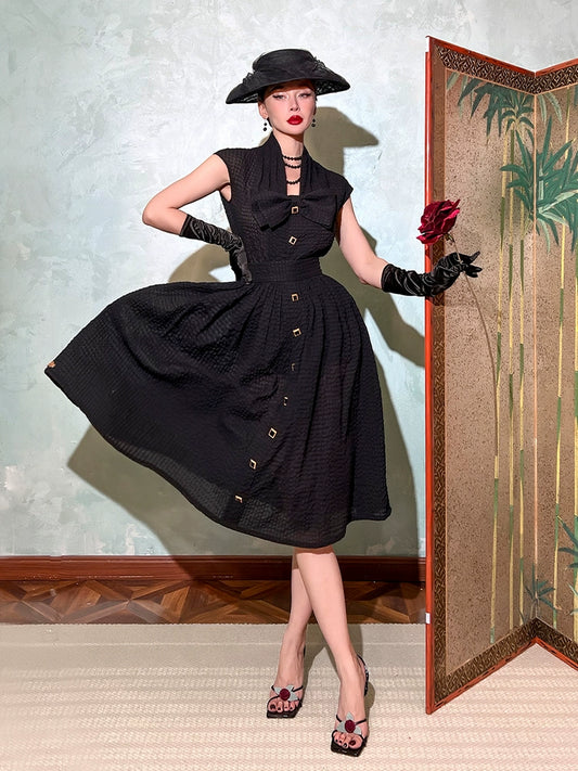 Le Palais Vintage Elegant Black Sheer Bow Shirt + Swing Skirt Set-Jet.