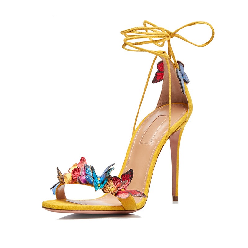 Yellow Contrast Color Bow Ankle Strap Open Toe Stiletto Sandals Women- Elias