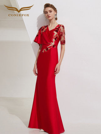 Evening dress high-end banquet annual meeting long red long sleeve dress - Riosa