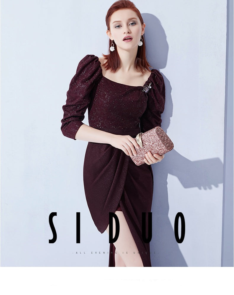 High end even-sleeve vintage wine red slit evening dress - Sedo