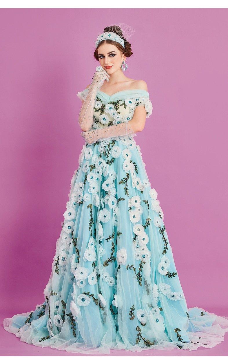 Hand-Made Blue Beaded Flower One-Shoulder Slim Long Embroidery Dress - Aliana XL Hand-Made Blue Beaded Flower One-Shoulder Slim Long Embroidery Dress - Aliana XL