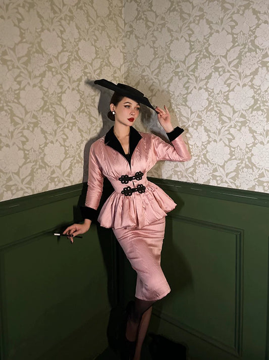 Le Palais Vintage Elegant Pink Brocade High-Waist Hip Pencil Skirt-Selene