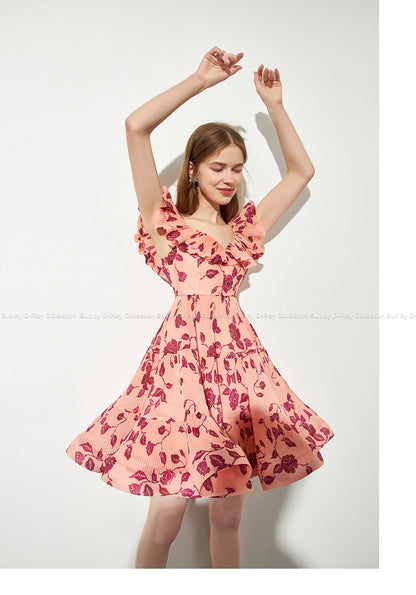 Summer new retro style fugitive princess coral crushed flower puffy dress - Nilo