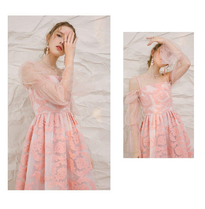 High-end pink summer dress with removable sleeves- Lola