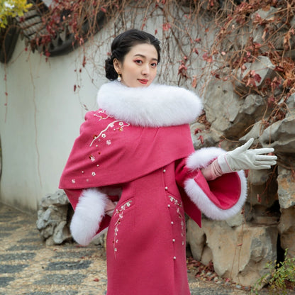 Magic Q red plum crewneck fox embroidery beaded detachable shawl lamb wool coat- Yinna