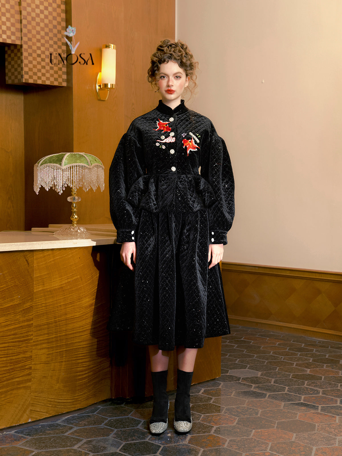 Black starry embroidery beaded velvet cotton skirt-  Noli